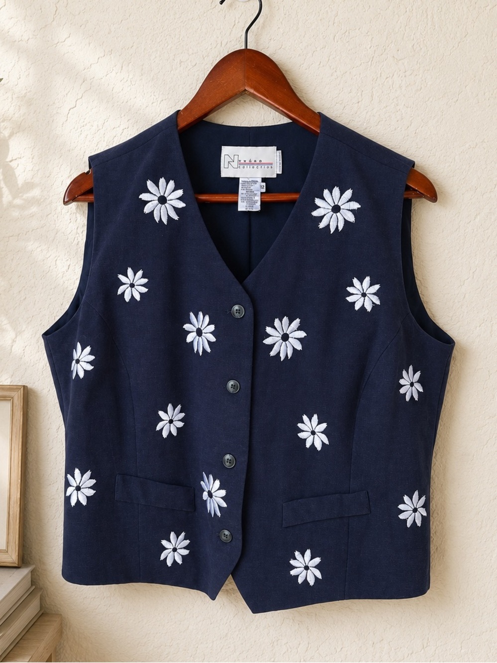 Vintage Embroidered Daisy Linen Blend Vest Cottagecore Grandmacore Size 12